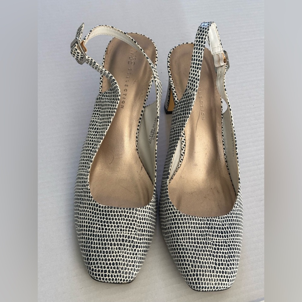 M&S Collection Black White Women's Slingback Shoes Block Heel 7.5UK 10M Classic